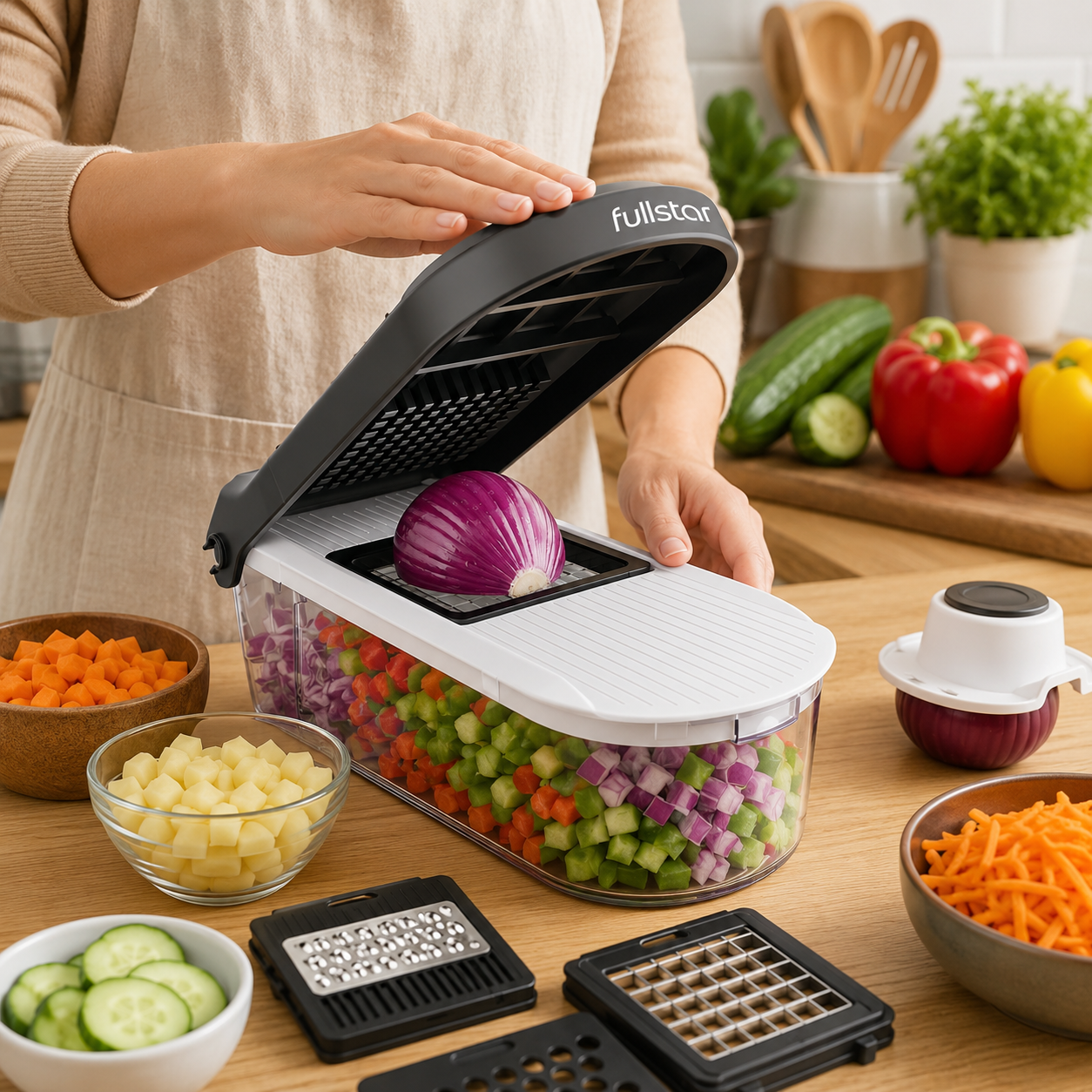Gemüseschneider und Mandoline für Gurken Zwiebeln Kartoffeln und Käse